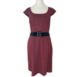Signature by Sangria Womens Sz 8 Knit Burgundy Dress Black Belt Geometric City